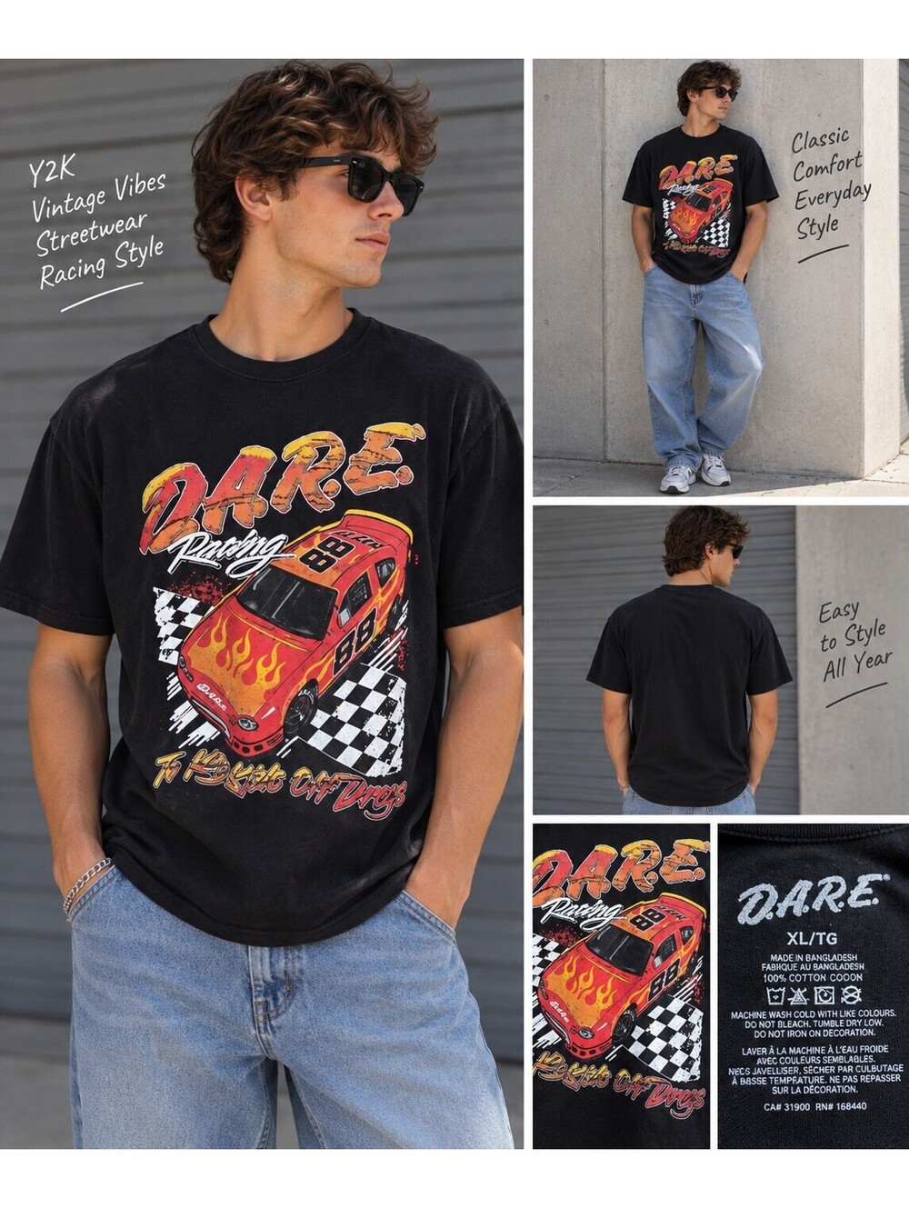 D.A.R.E. Racing Black Graphic Tee XL Y2K NASCAR Streetwear Flame Shirt